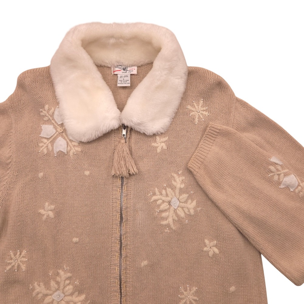 VTG SML Snowflake Fur Collar Zip Up Cardigan Sweater Beige Womens Large * READ‎